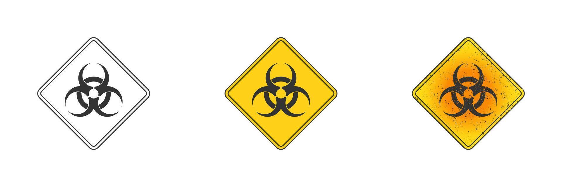 Biohazard symbol. Outline, flat yellow, and yellow with grunge texture. Vector illustration.