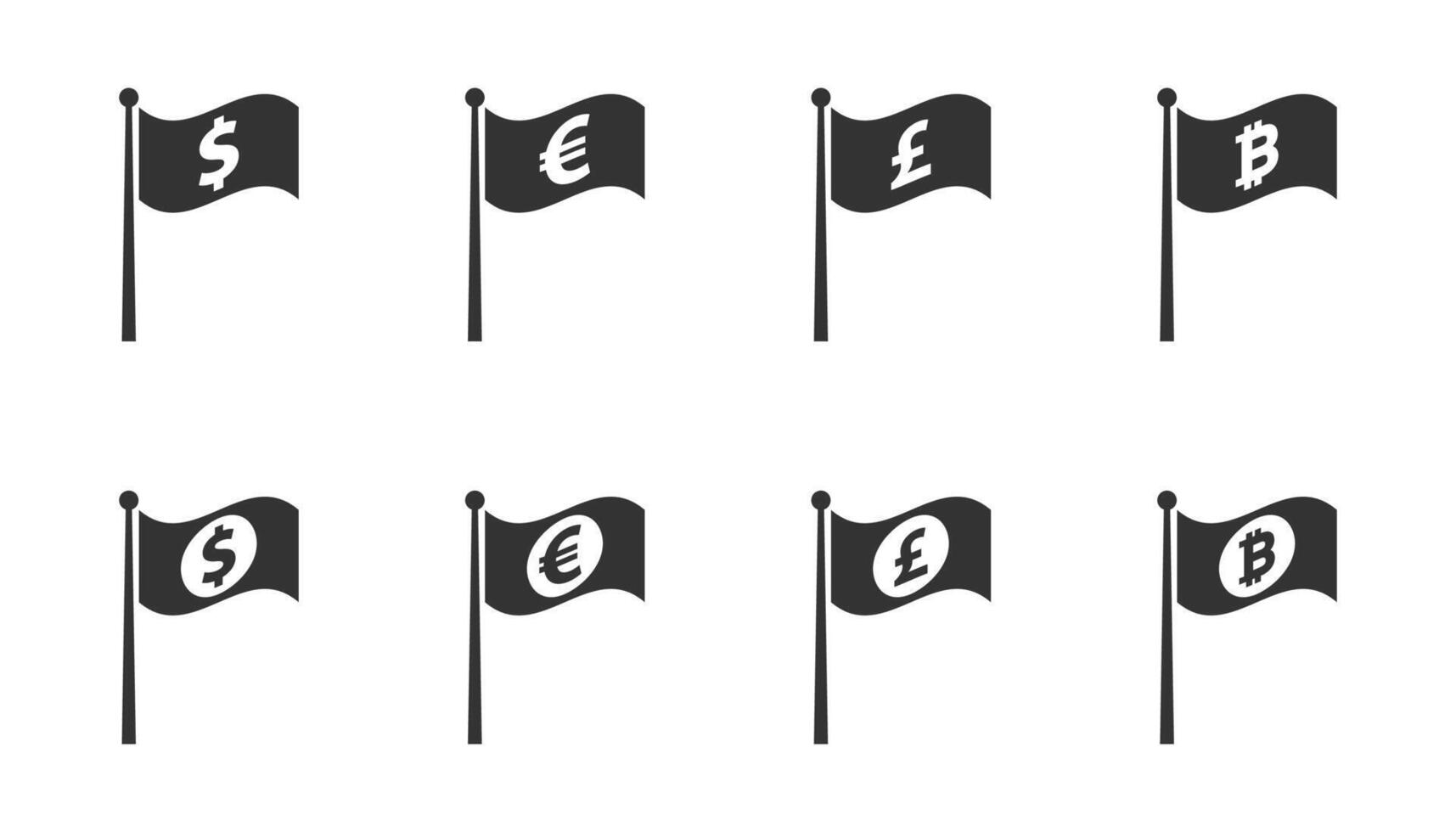 Waving flag icon set with dollar euro pound and bitcoin symbols. Vector illustration.