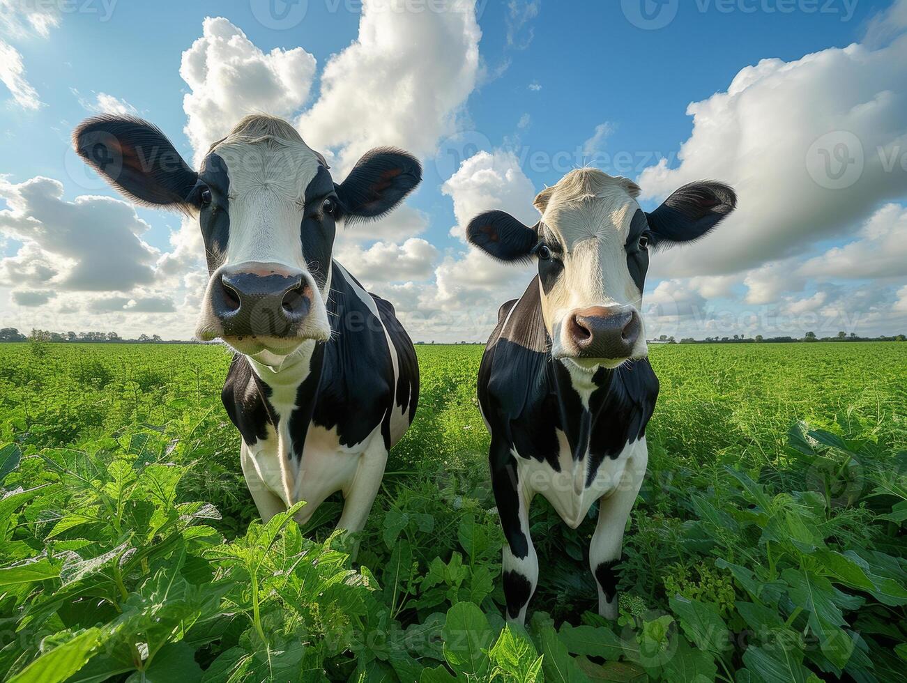 ai generado dos curioso joven vacas son en pie en campo y mirando curiosamente a el cámara foto