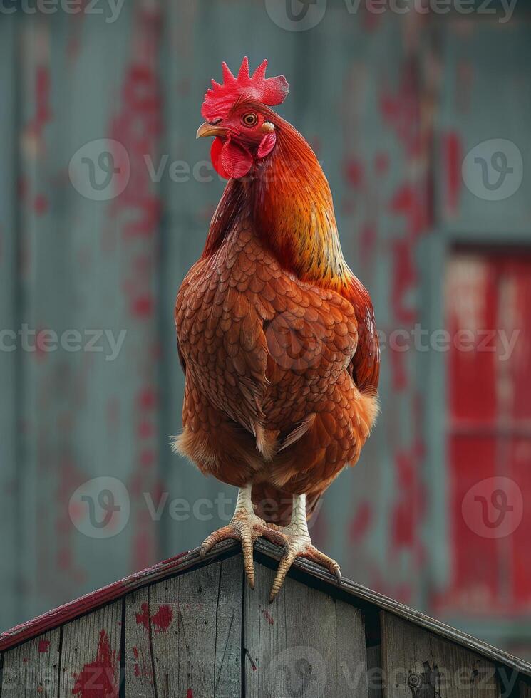 AI generated Rooster sits on barn roof in front of red barn. photo