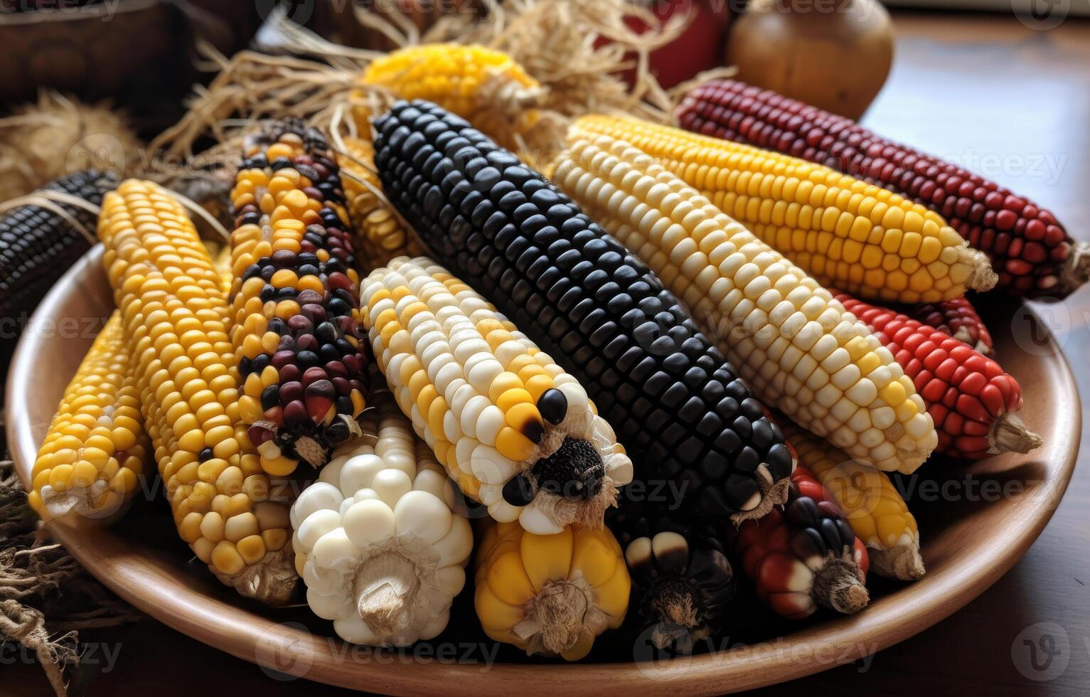 AI generated Variety of colorful Indian corn is displayed in bowl. photo