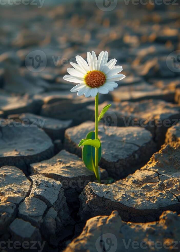 ai generado solitario margarita crece en seco arriba vacío cuarto. un soltero blanco margarita es creciente mediante agrietado suelo foto