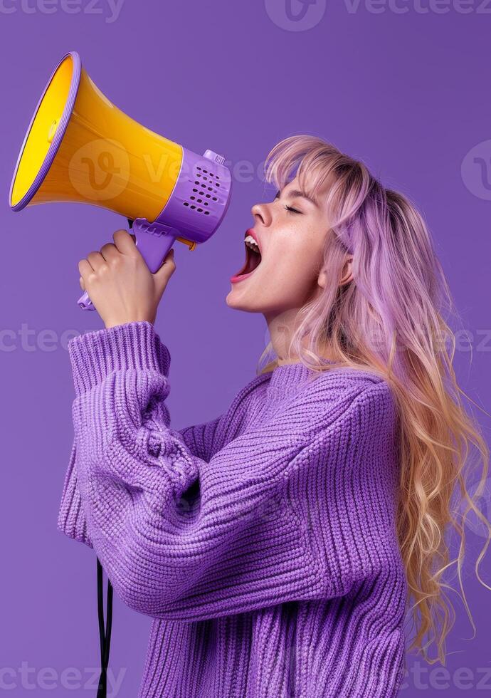 AI generated Young woman with purple hair speaks into megaphone on purple background. photo