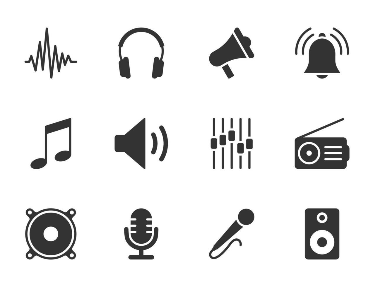 Music related symbols such as microphone, speaker, headphones, megaphone, musical note, etc. Flat vector illustration.