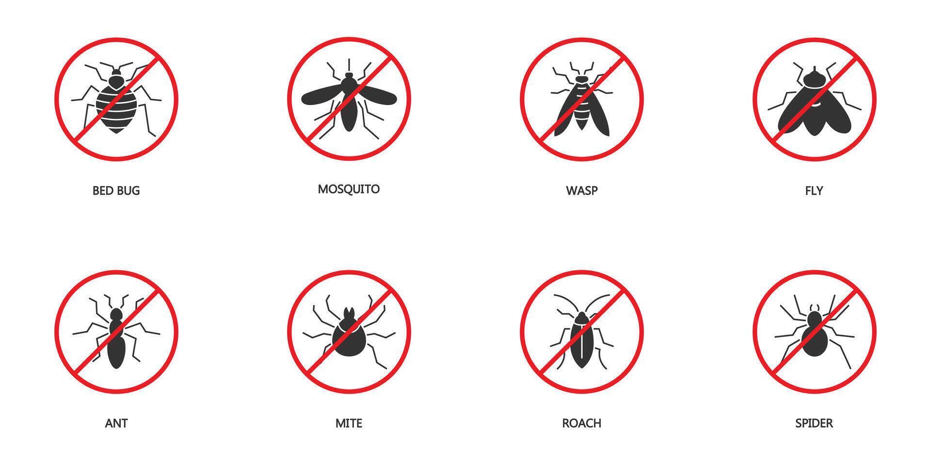 Stop insect icon set. Pest Control icons set. Pests silhouettes. Bed bug, mosquito, wasp, fly, ant, mite, roach, and spider symbols. Vector illustration.