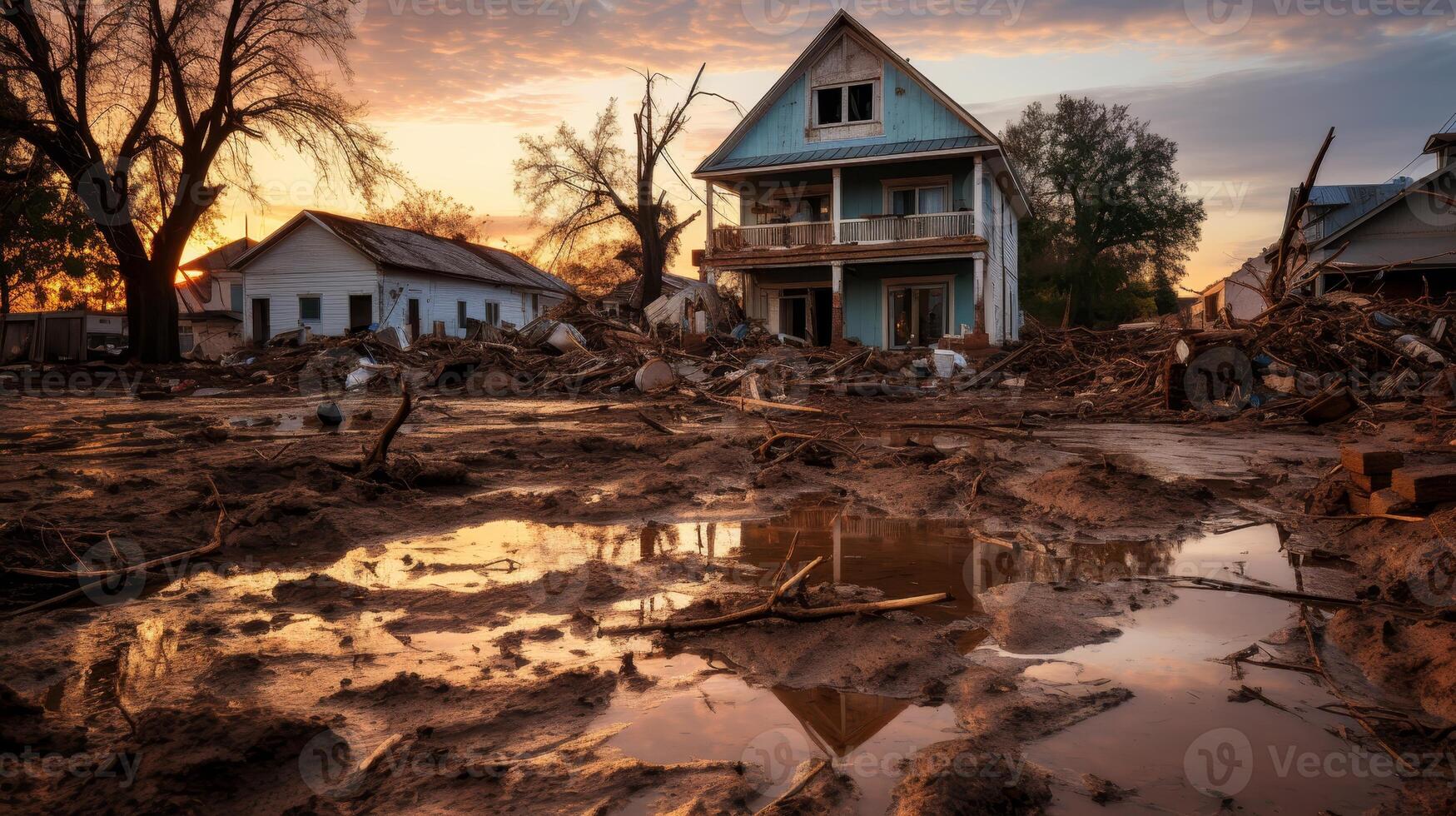 AI generated Surreal calm in tornado, debris swirling intensely amidst chaos, haunting visual photo