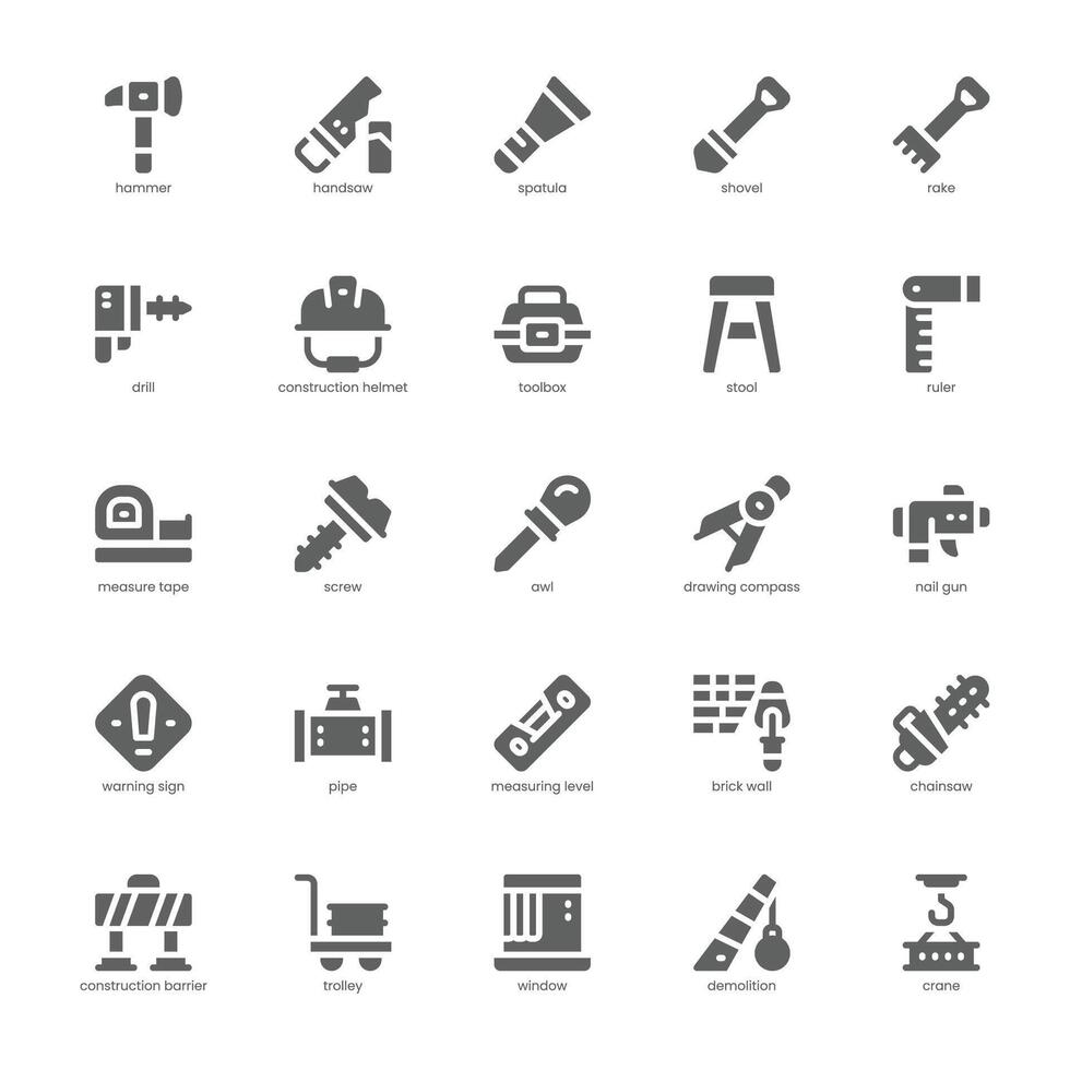 Contractor Tool icon pack for your website, mobile, presentation, and logo design. Contractor Tool icon glyph design. Vector graphics illustration and editable stroke.