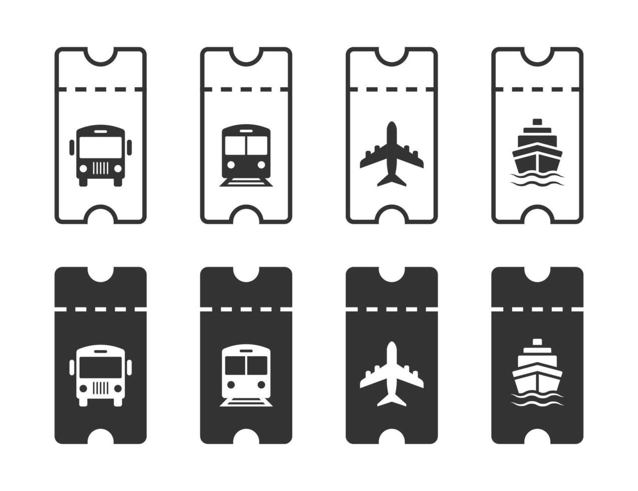 Set of icons of passenger tickets for bus, train, plane and ship. Vector Illustration.