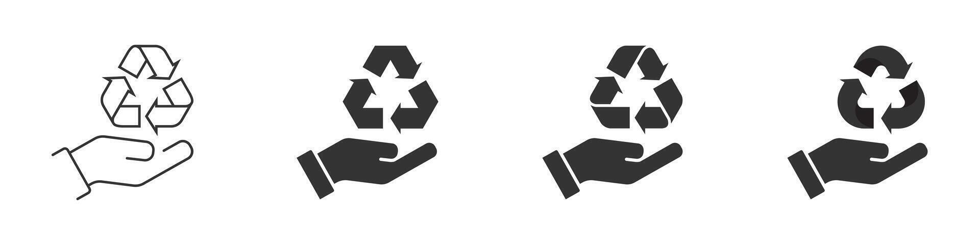 Hand holding recycling symbol. Recycle icon set. Flat vector illustration.