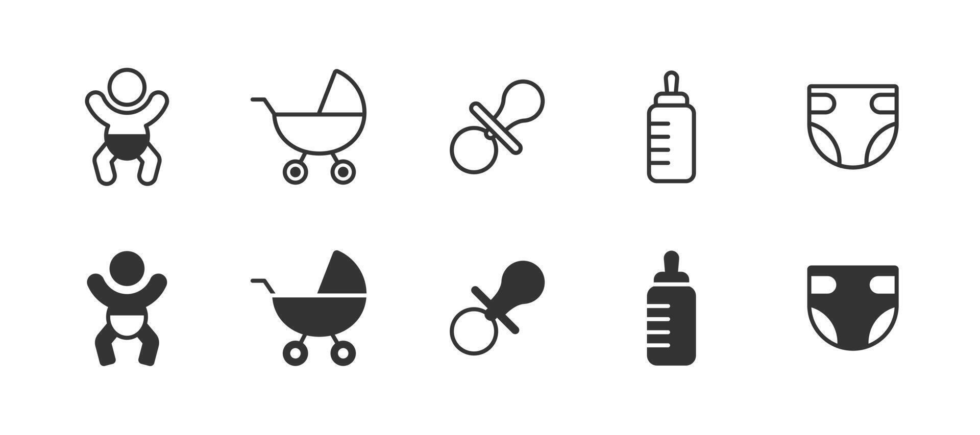 Baby symbol set. Baby's attributes collection. Stroller, pacifier, feeding bottle, diaper. Vector. vector