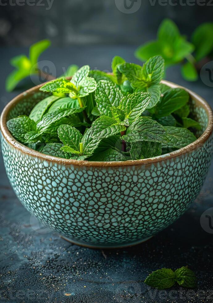 AI generated Fresh mint in bowl on dark background selective focus photo