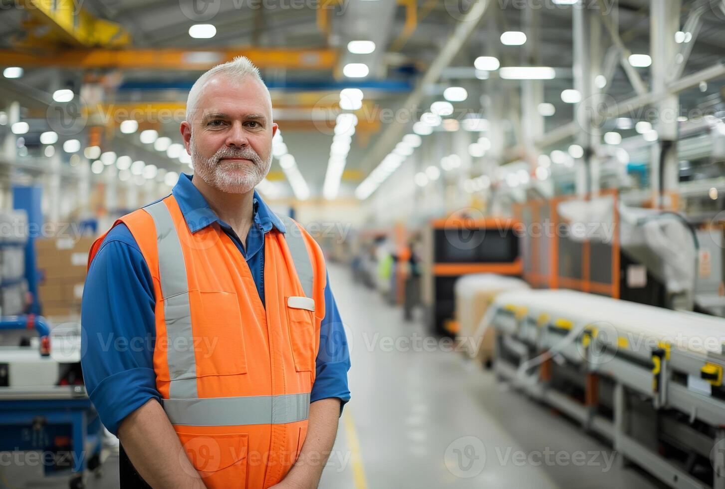 AI generated Man in high vis vest stands in factory photo