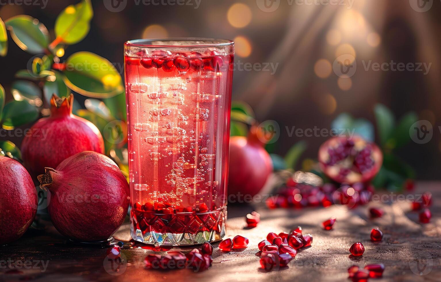 AI generated Pomegranate juice in glass and pomegranates on wooden table photo