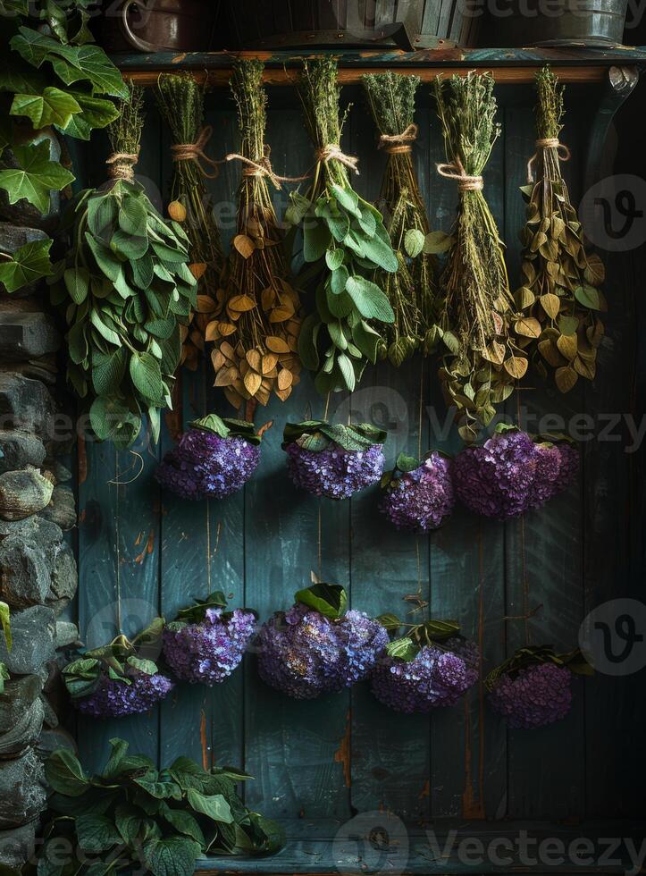 AI generated Fresh herbs and flowers hanging to dry in rural house. Natural medicine photo