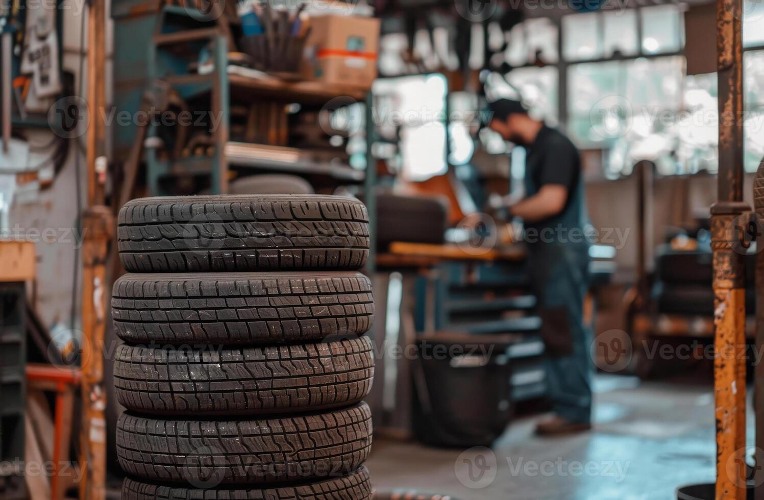 AI generated Car tires are on the background of the workshop where the mechanic works photo