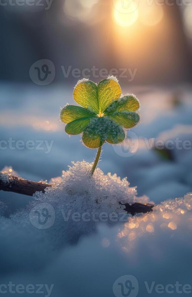 AI generated Small green plant sprouts through the snow in the rays of the rising sun. photo