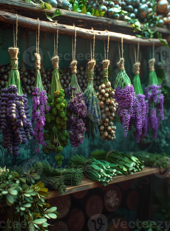 AI generated Fresh herbs and flowers hanging to dry in rural house. Natural medicine photo