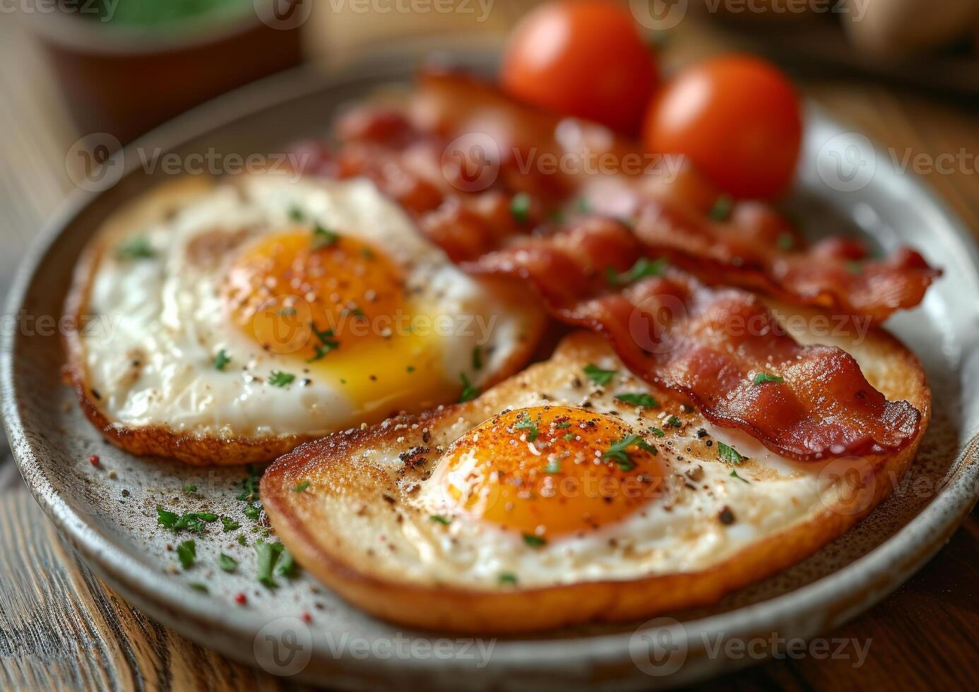 AI generated Fried eggs and bacon on plate. Tasty breakfast photo
