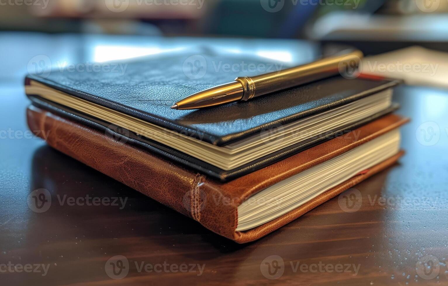 AI generated Leather bound journal and gold pen on wooden table photo