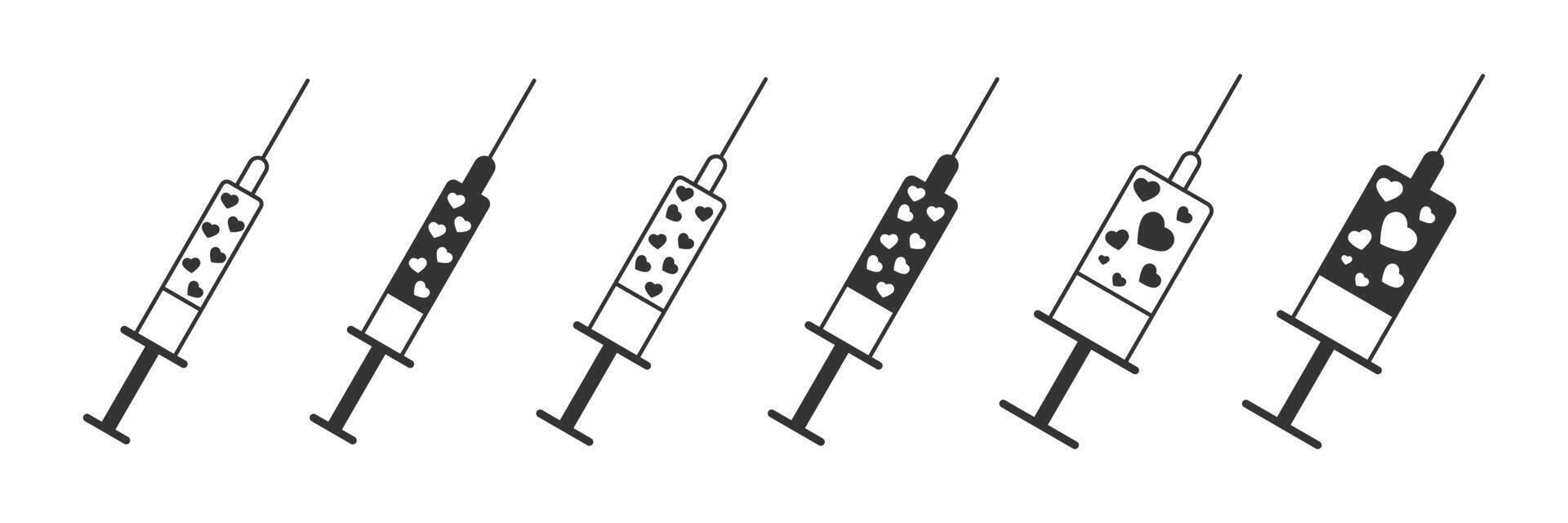 Syringe with hearts inside. Love injection concept. Vector illustration.