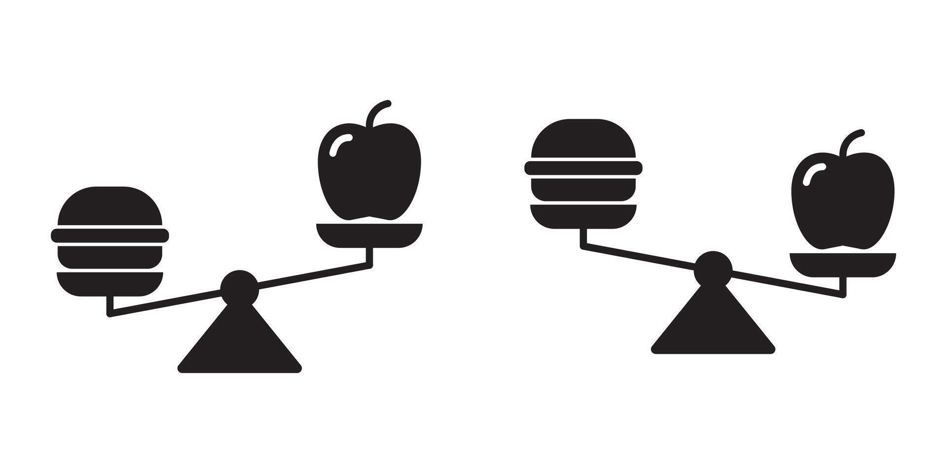 Scale icon wth burger and apple on. Healthy nutrition concept. Flat vector illustration.