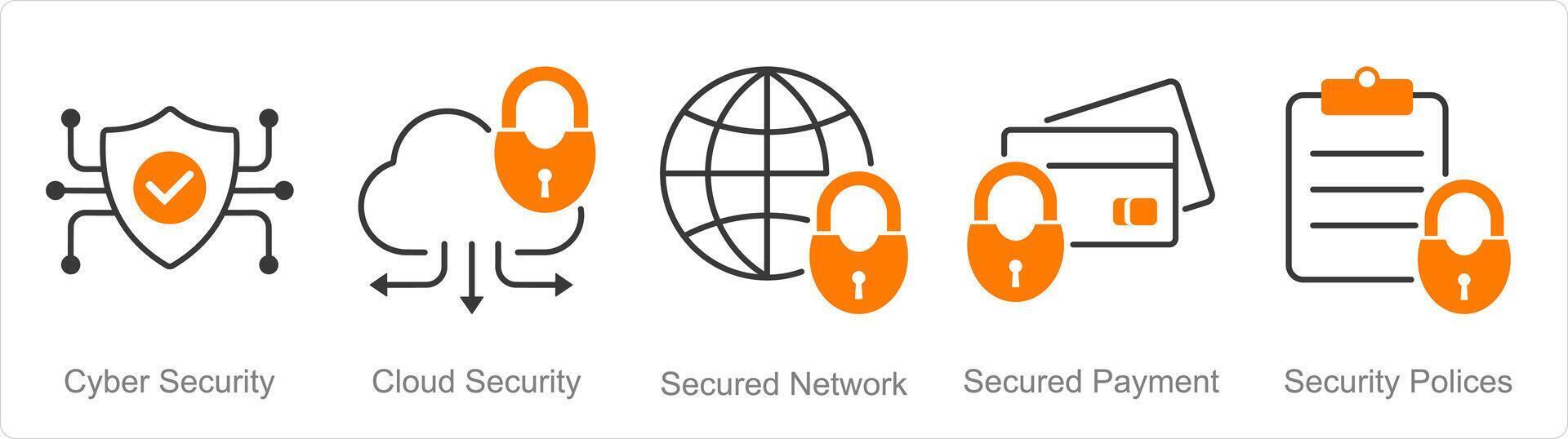 A set of 5 security icons as cyber security, cloud security, secured network vector