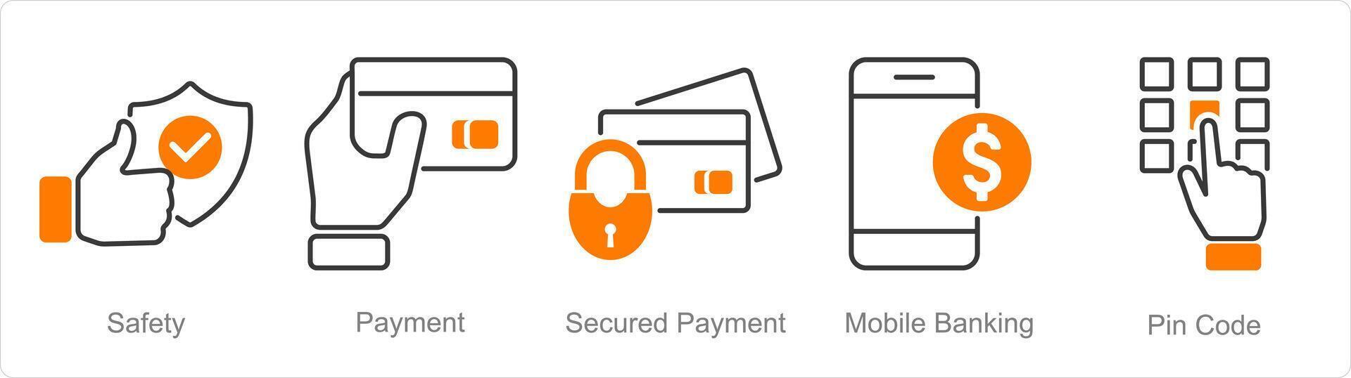 A set of 5 security icons as safety, payment, secured payment, mobile banking vector