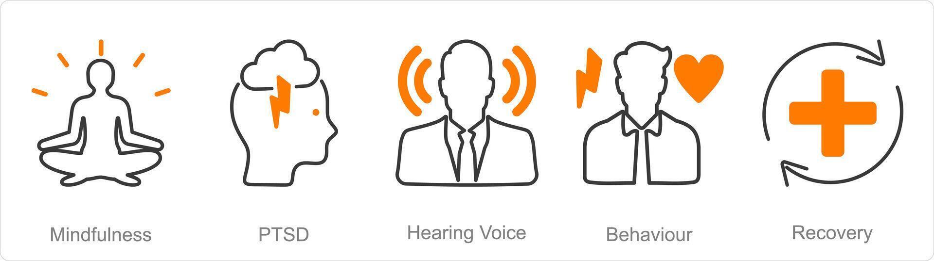 A set of 5 Mental Health icons as mindfulness, ptsd, hearing voice vector