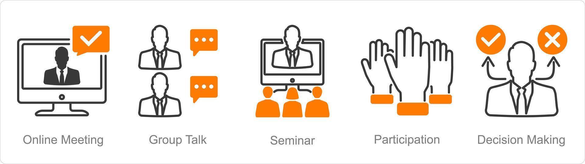 A set of 5 Meeting icons as online meeting, group talk, seminar vector