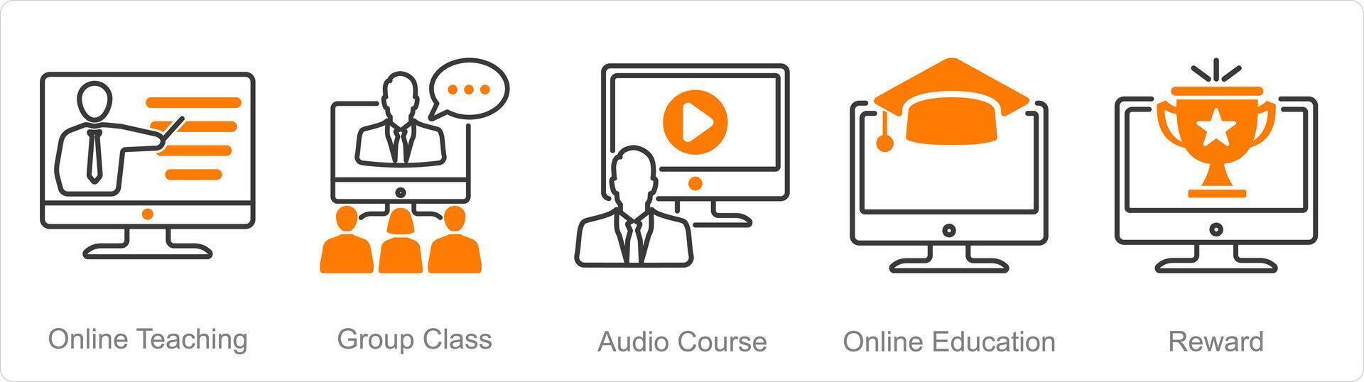 A set of 5 Online Education icons as online teaching, group class, audio course vector