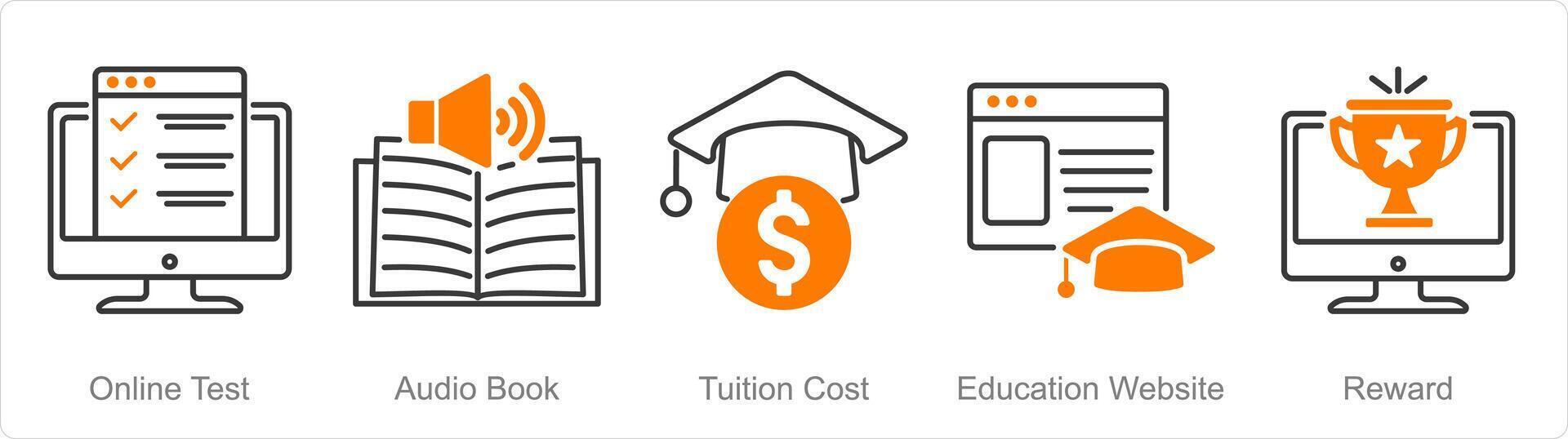 A set of 5 Online Education icons as online test, audio book, tuition cost vector