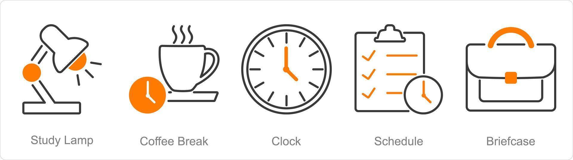 A set of 5 Office icons as study lamp, coffee break, clock vector