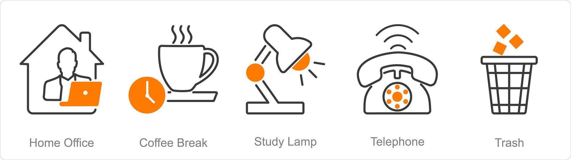 A set of 5 Office icons as home office, coffee break, study lamp vector
