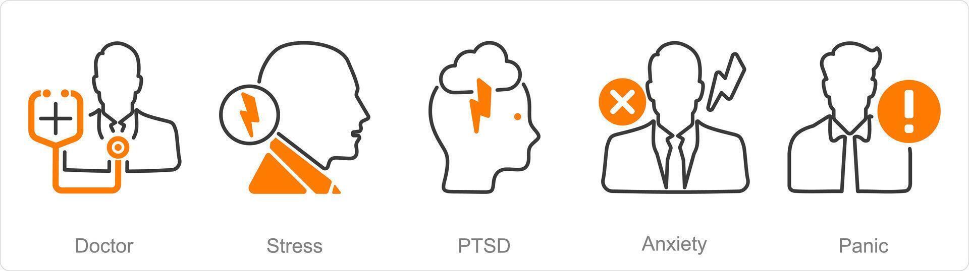 A set of 5 Mental Health icons as doctor, stress, ptsd vector