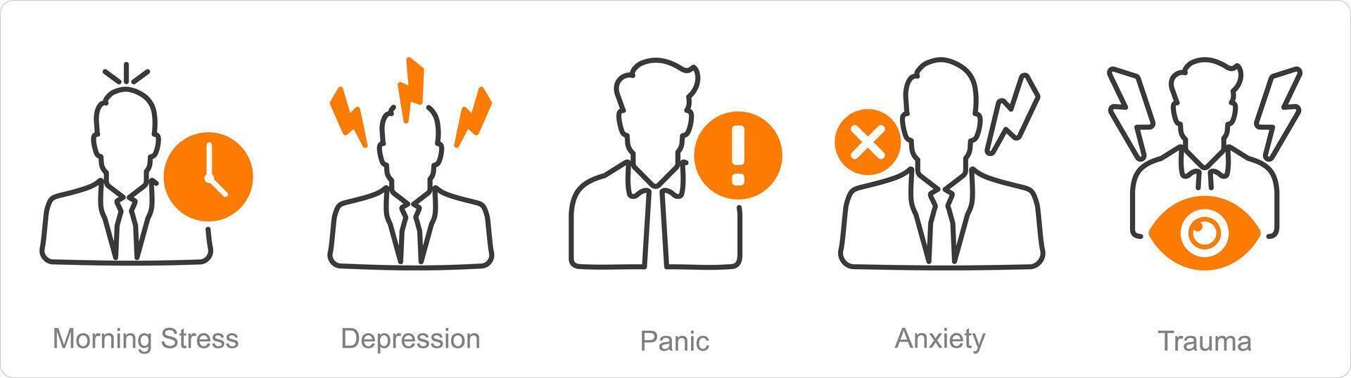 A set of 5 Mental Health icons as morning stress, depression, panic vector