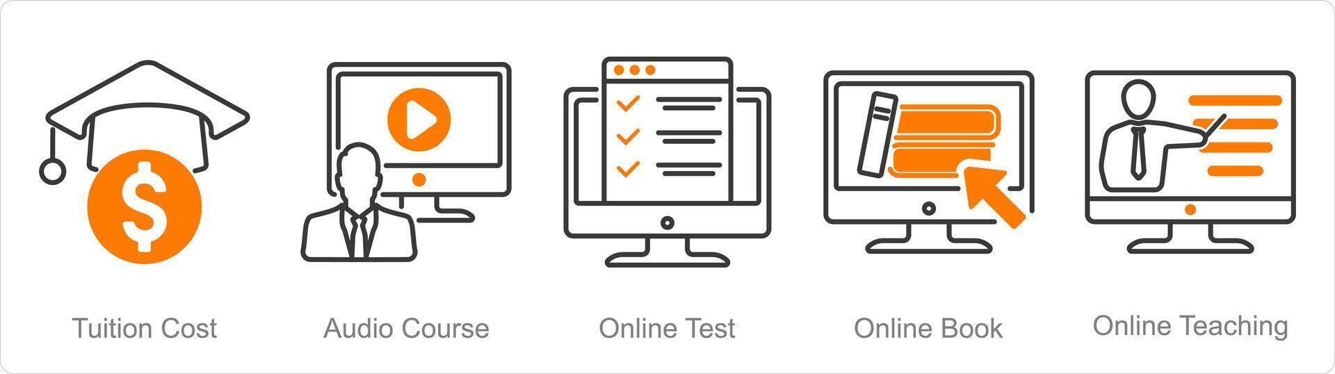 A set of 5 Online Education icons as tuition cost, audio course, online test vector