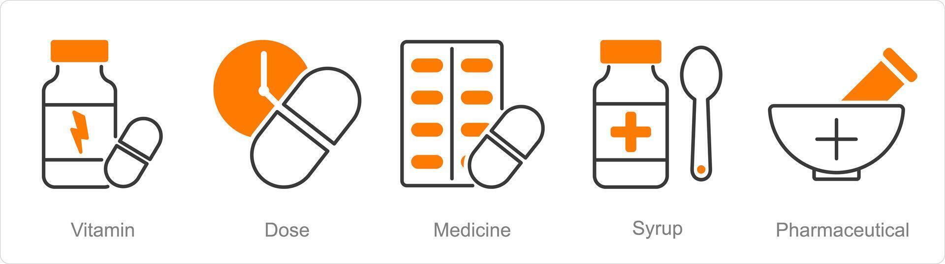 A set of 5 Pharmacy icons as vitamin, dose, medicine vector