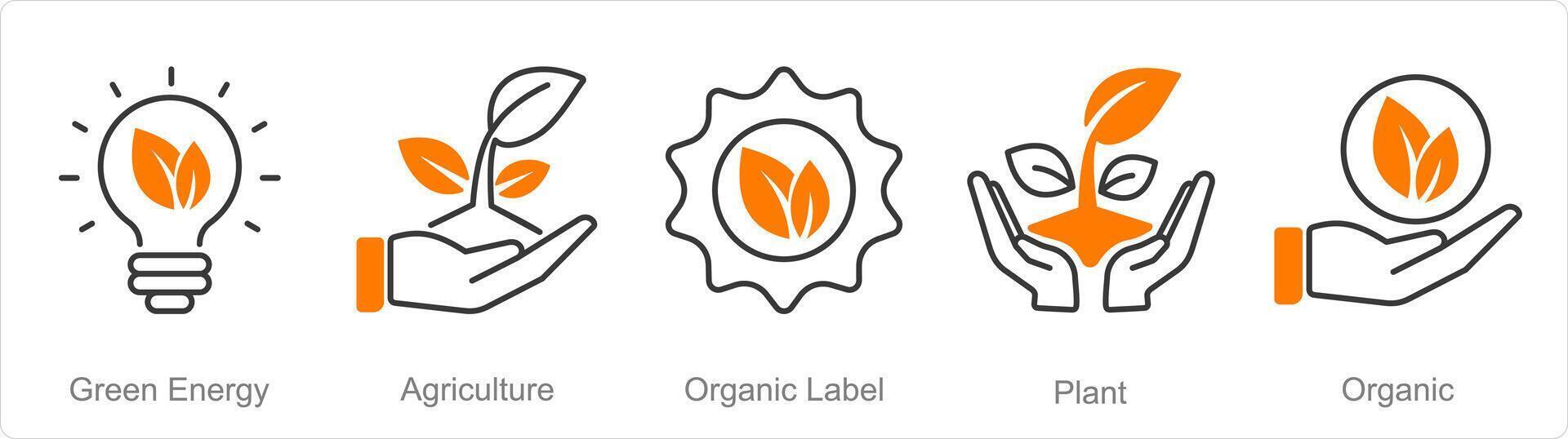 A set of 5 Organic Farming icons as green energy, agriculture, organic label vector