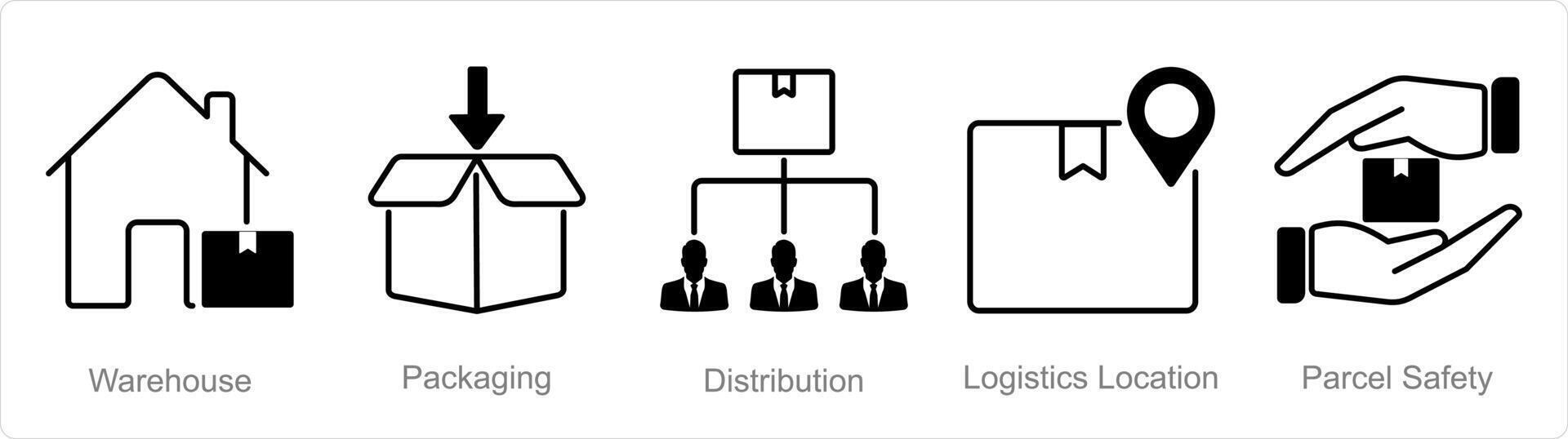 A set of 5 Logistics icons as warehouse, packaging, distribution vector