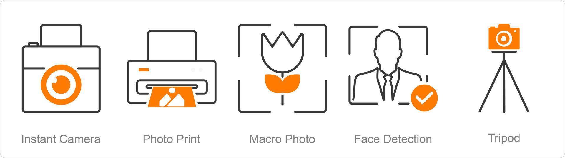 A set of 5 Photography icons as instant camera, photo print, macro photo vector