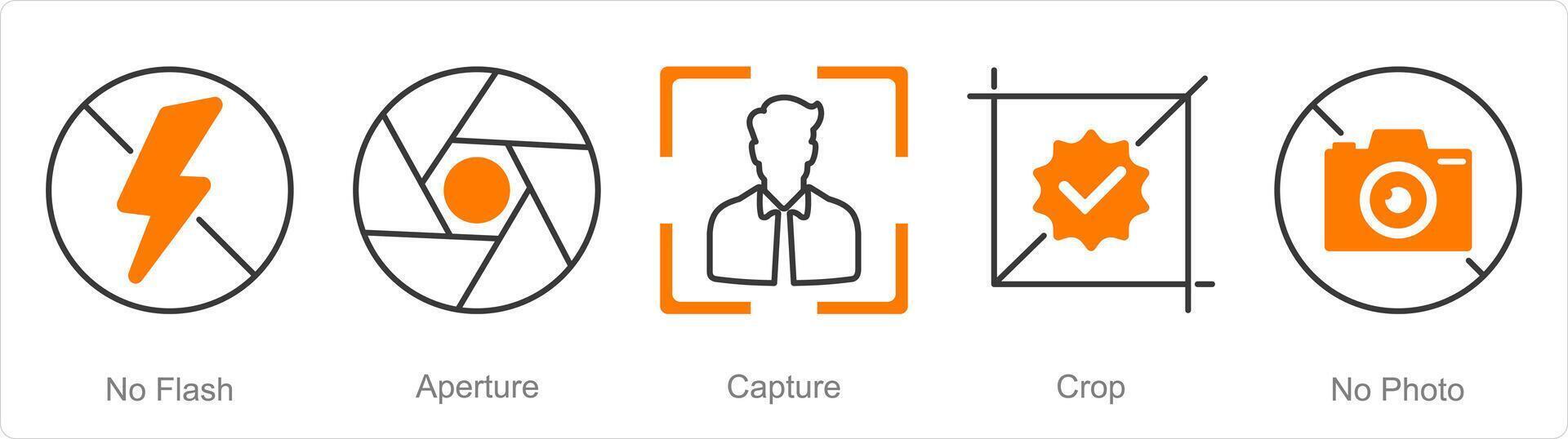 A set of 5 Photography icons as no flash, aperture, capture vector