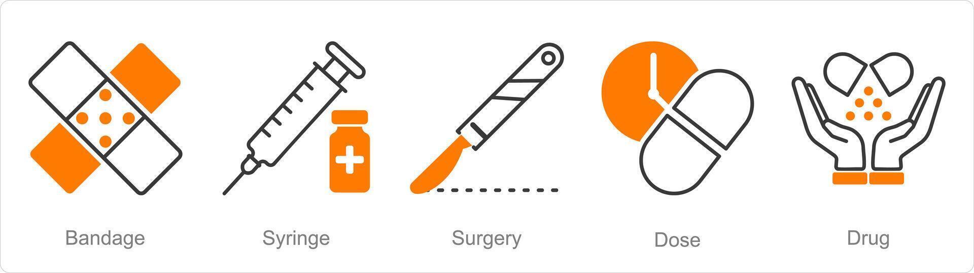 A set of 5 Pharmacy icons as bandage, syringe, surgery vector