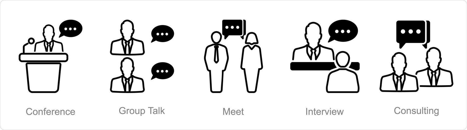 A set of 5 Meeting icons as conference, group talk, meet vector