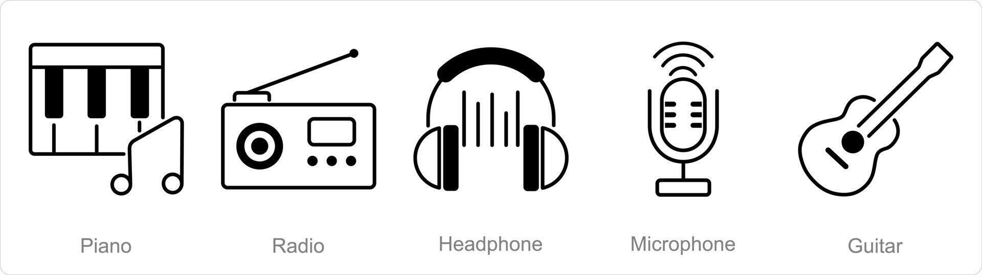 A set of 5 Music icons as piano, radio, headphone vector