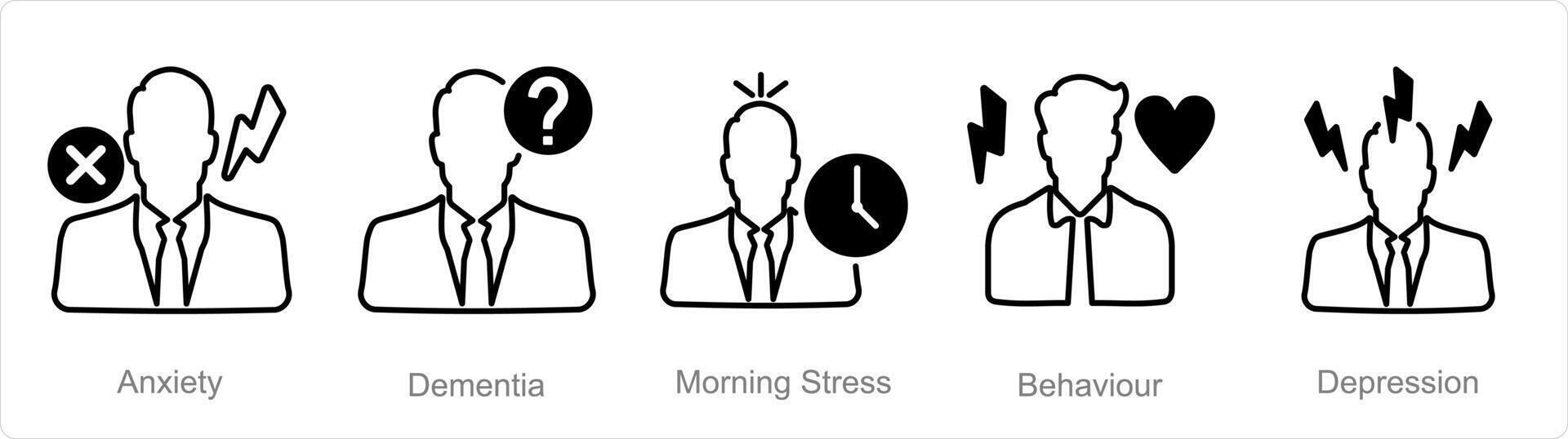 A set of 5 mentalhealth icons as anxiety, dementia, morning stress vector