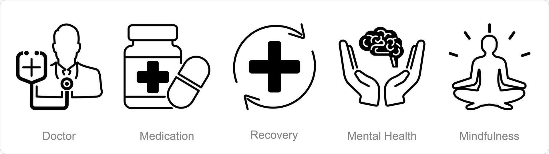 un conjunto de 5 5 salud mental íconos como doctor, medicamento, recuperación vector