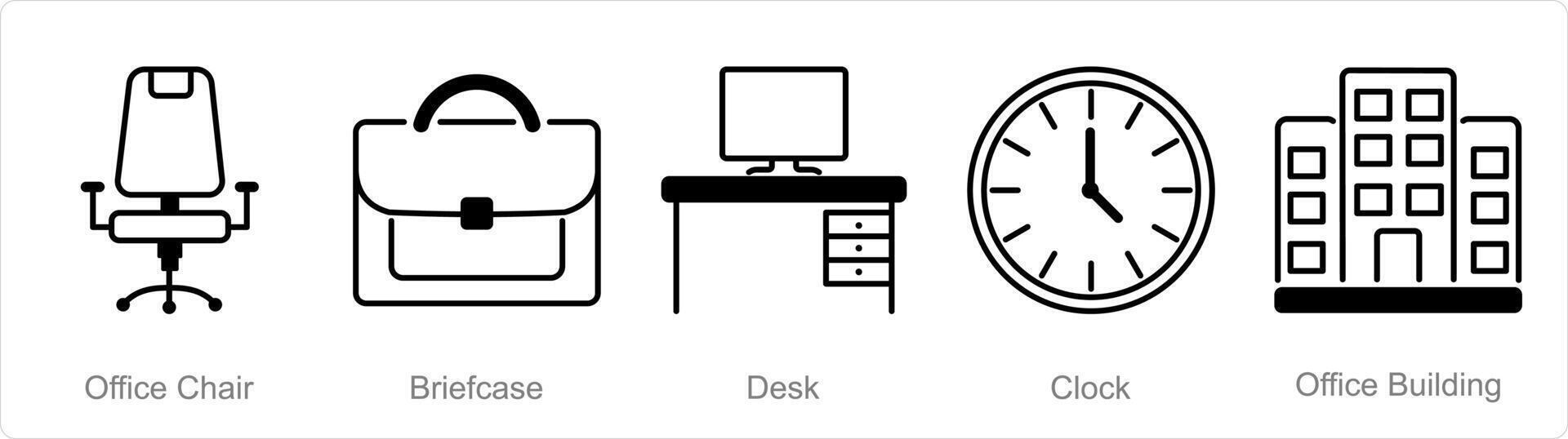 A set of 5 Office icons as office chair, briefcase, desk vector