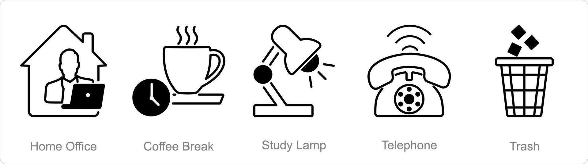 A set of 5 Office icons as home office, coffee break, study lamp vector