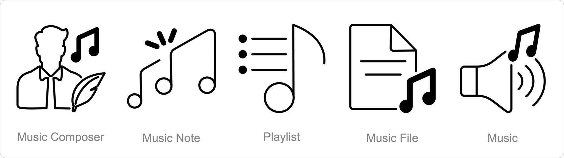 A set of 5 Music icons as music composer, music note, playlist vector