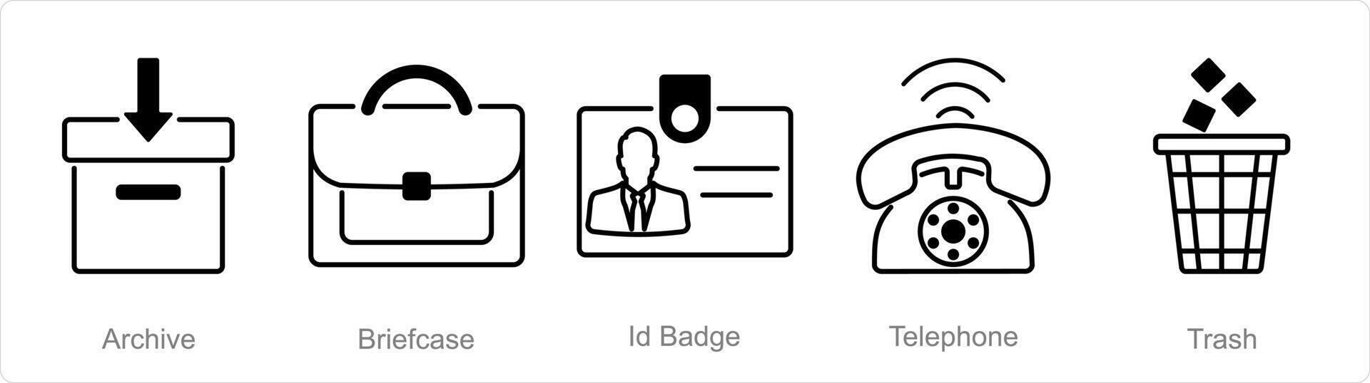 A set of 5 Office icons as archive, briefcase, id badge vector